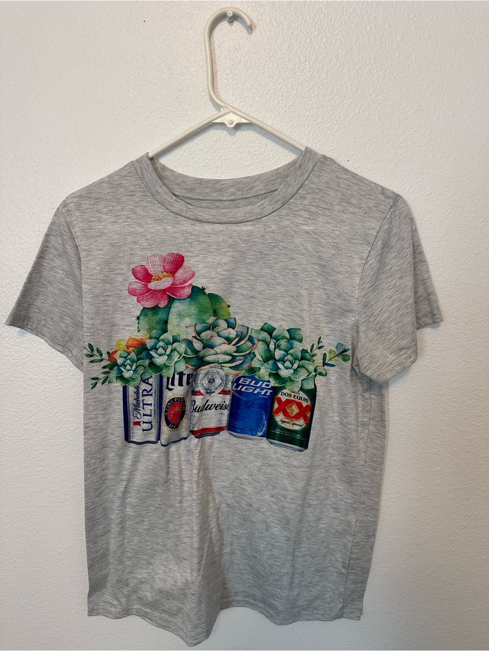 Gray Graphic Tee with Beer Can Succulent Design